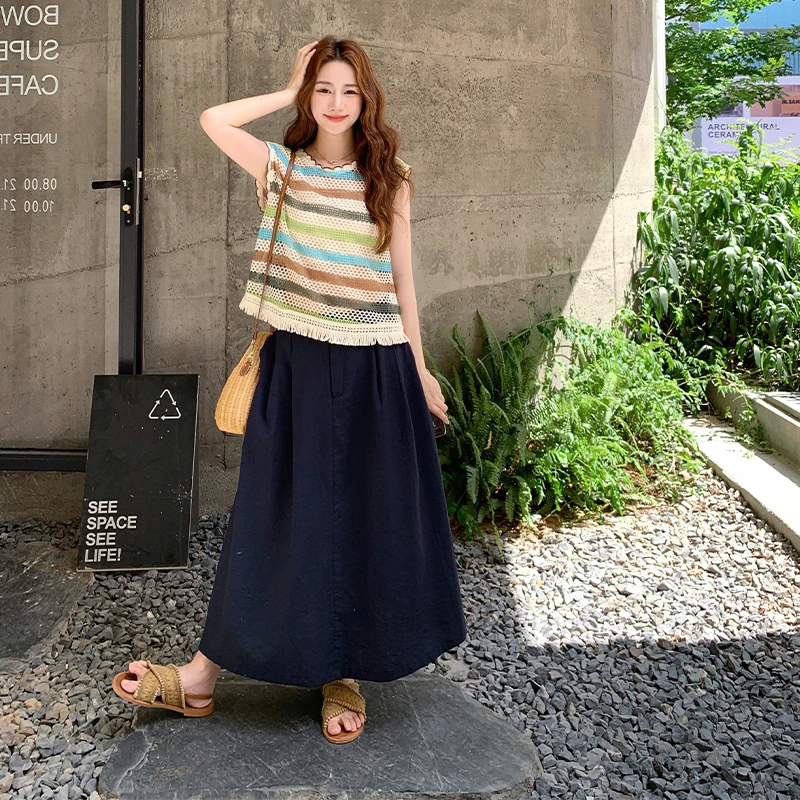 清纯系松弛感套装2025夏爆款多巴胺条纹背心半身裙韩里韩气两件套