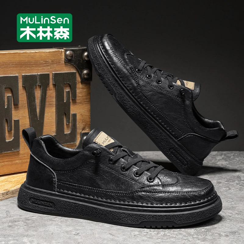 木林森休闲皮鞋男2025新款秋季软底鞋子透气上班黑色英伦男士板鞋