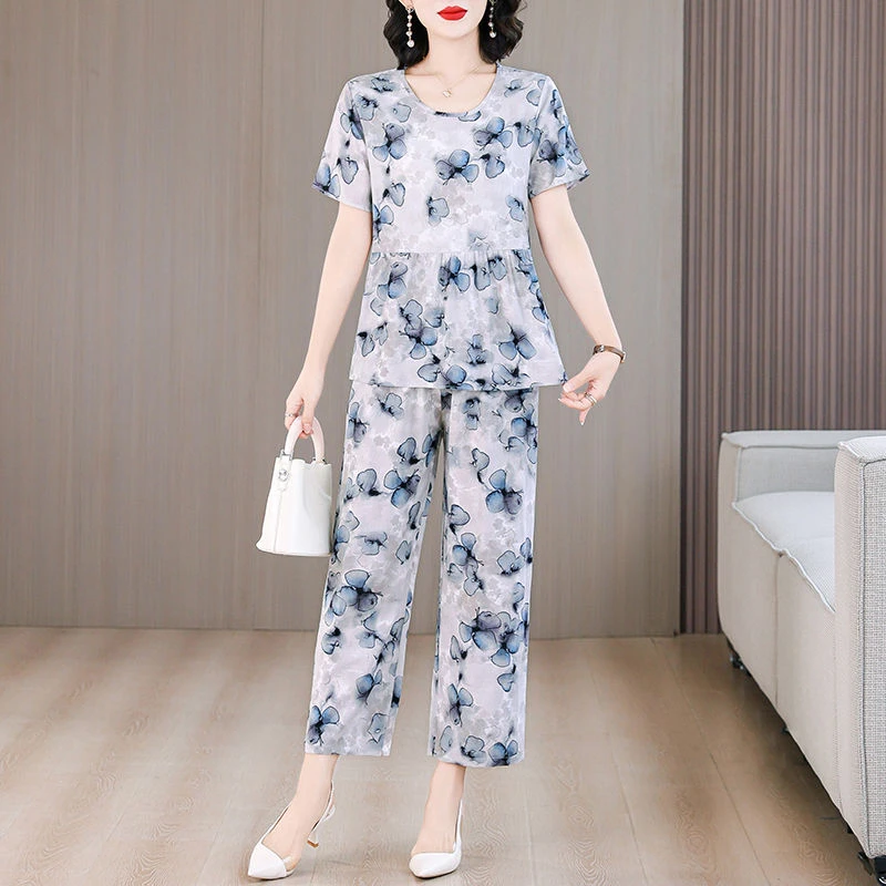 棉绸套装女时尚可外穿夏季妈妈短袖遮肚显瘦洋气减龄九分裤两件套