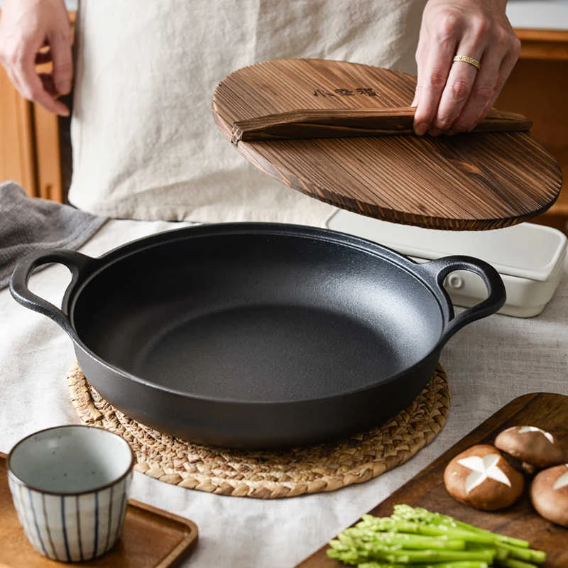 铸铁不粘锅平底锅家用煎锅无涂层加深加厚烙饼锅燃气电磁灶适用