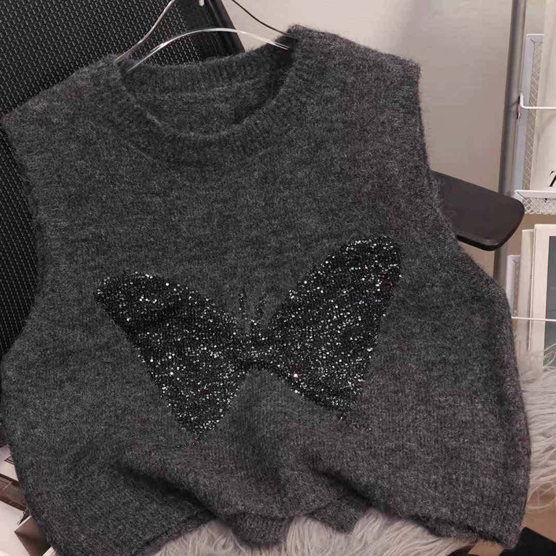 马甲新款蝴蝶亮片后背开叉高级感针织背心2459
