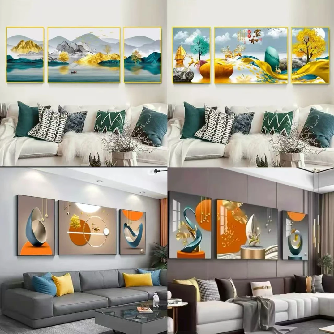 简约福禄呈祥客厅装饰画沙发背景墙晶瓷镶钻三联画