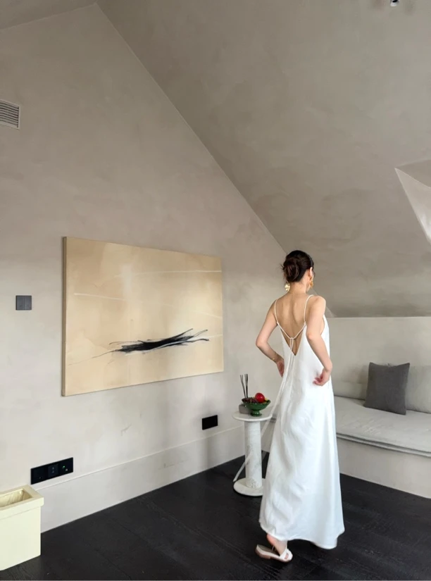 Clear ownership 天然100%亚麻吊带长裙高支极简白裙小众夏季新款