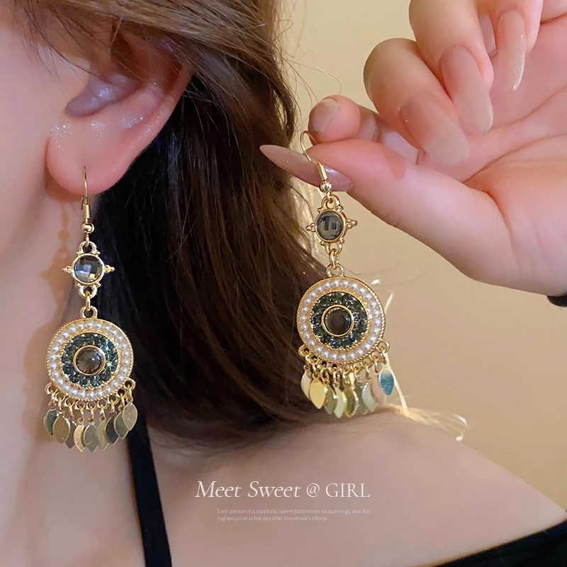 合金耳饰 复古圆形珍珠流苏耳环耳钩波西米亚民族风气质耳饰女