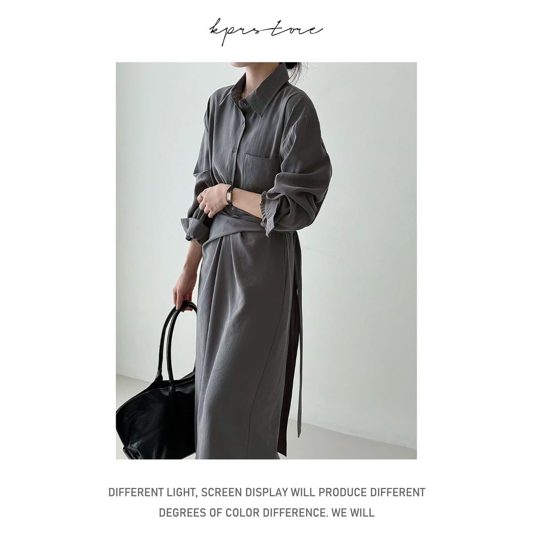 韩系知性温柔衬衫绑带连衣裙女秋季新款不规则气质长裙