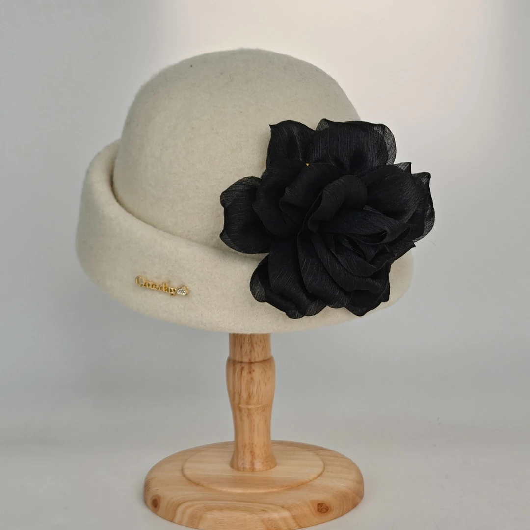 莹姐高定帽饰丨秋冬季卷边盆帽圆顶盆帽复古帽子花朵时尚百搭