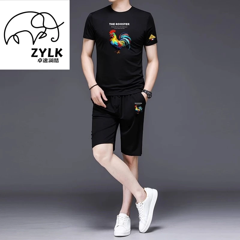 欧货公鸡男夏季凉感冰丝短袖短裤套装男青年潮流宽松五分裤两件套
