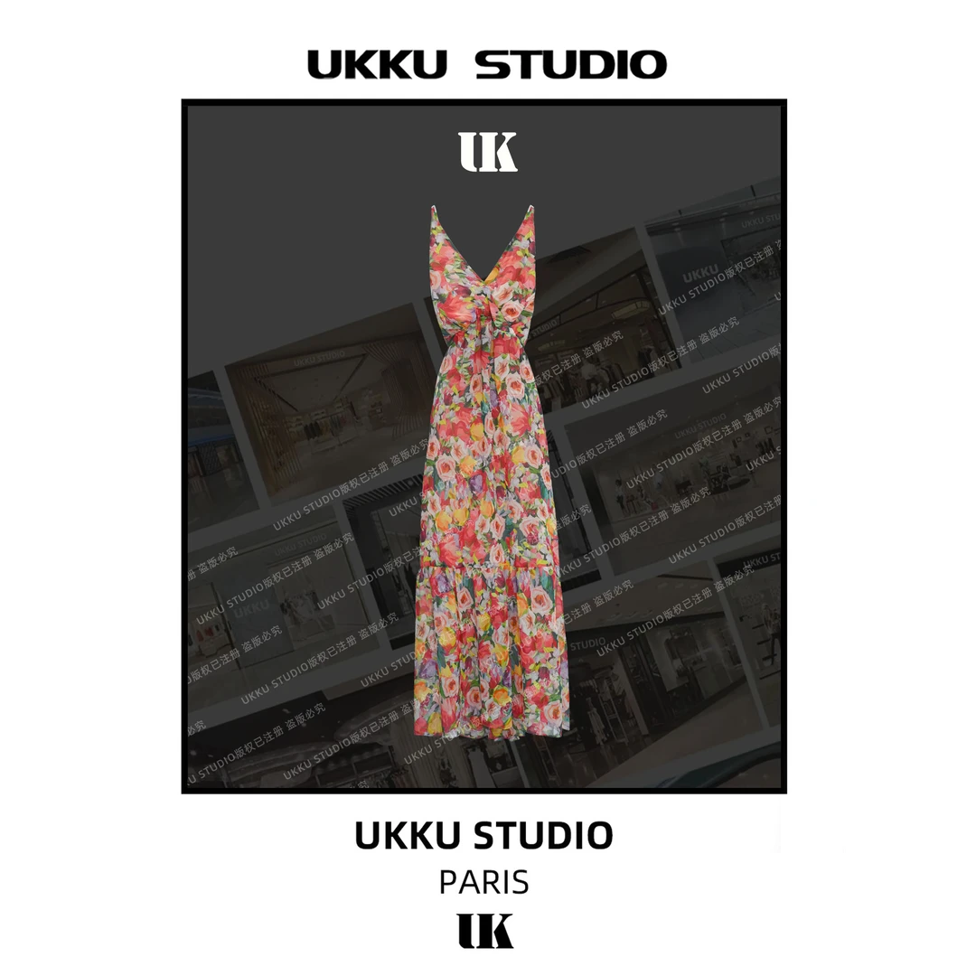 慧慧【UKKU STUDIO】【玫瑰人生】设计师玫收腰花朵吊带连衣813823