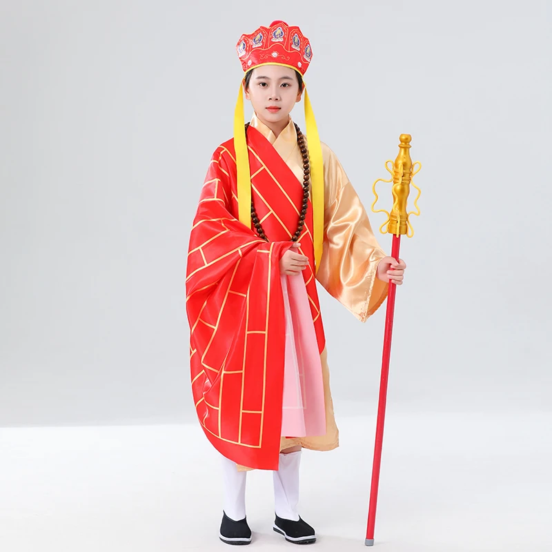 儿童唐僧演出服西游记师傅角色扮演衣服袈裟帽子禅杖全套演出服饰