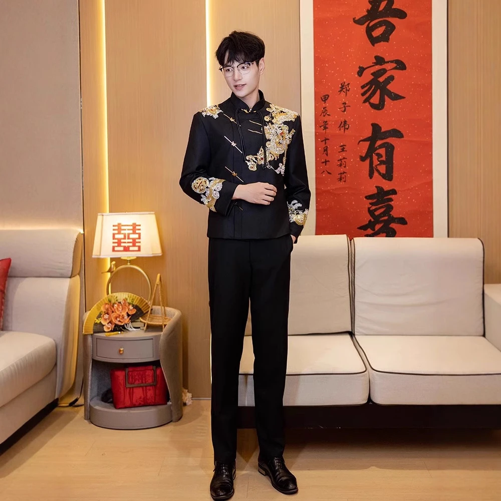 立领复古中式中山装结婚西装外套青年新郎婚礼新款主持长袖秋装男
