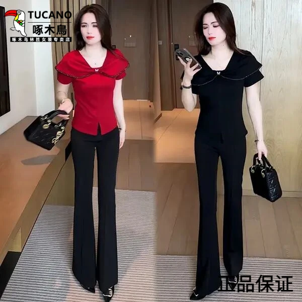 啄木鸟修身短袖气质纯色T恤遮肚高腰小个子夏装名媛上衣时尚套装