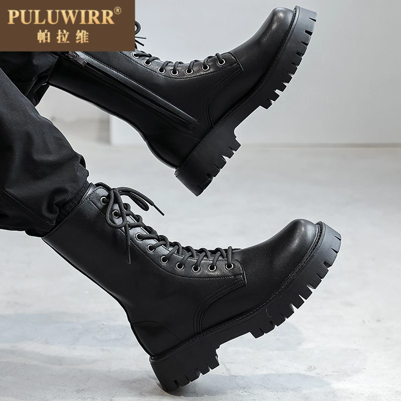 马丁靴男款英伦风高筒厚底增高工装皮靴子男士真皮高筒机车潮男靴