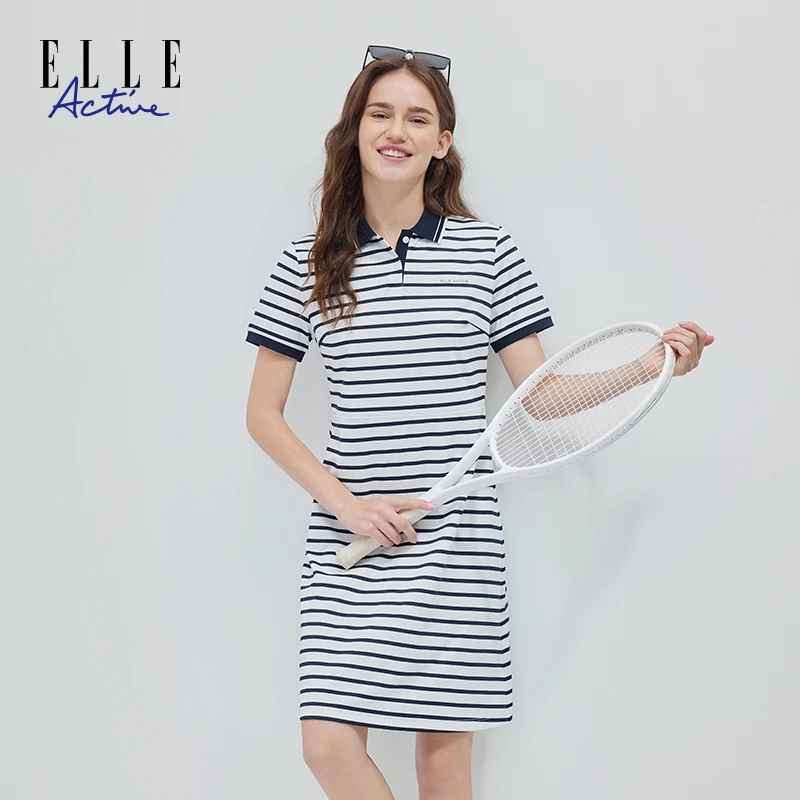 ELLE Active航海系条纹收腰连衣裙女夏季新款休闲polo裙翻领A字裙