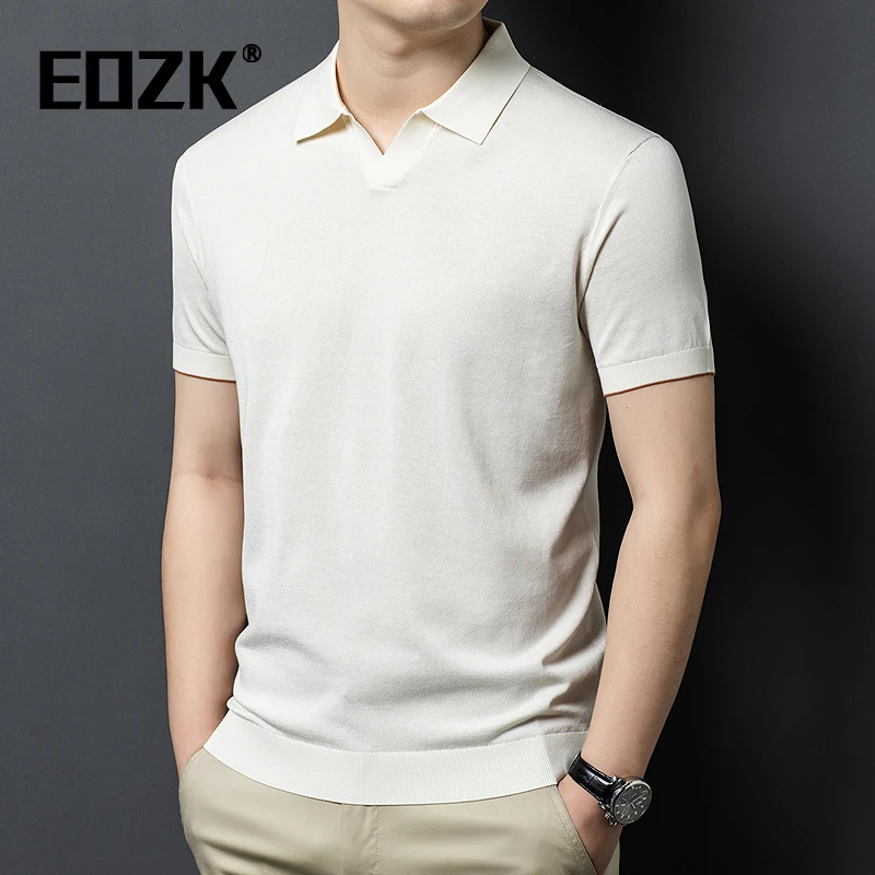 Eozk2025新款短袖针织衫T恤男休闲夏季纯色内搭薄款棉V领体恤上衣