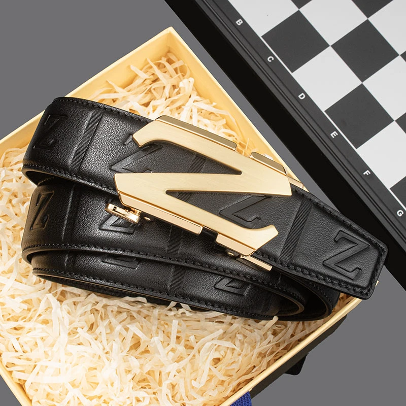 新款男士头层牛皮压花皮带高档商务百搭年轻人休闲潮流自动扣腰带