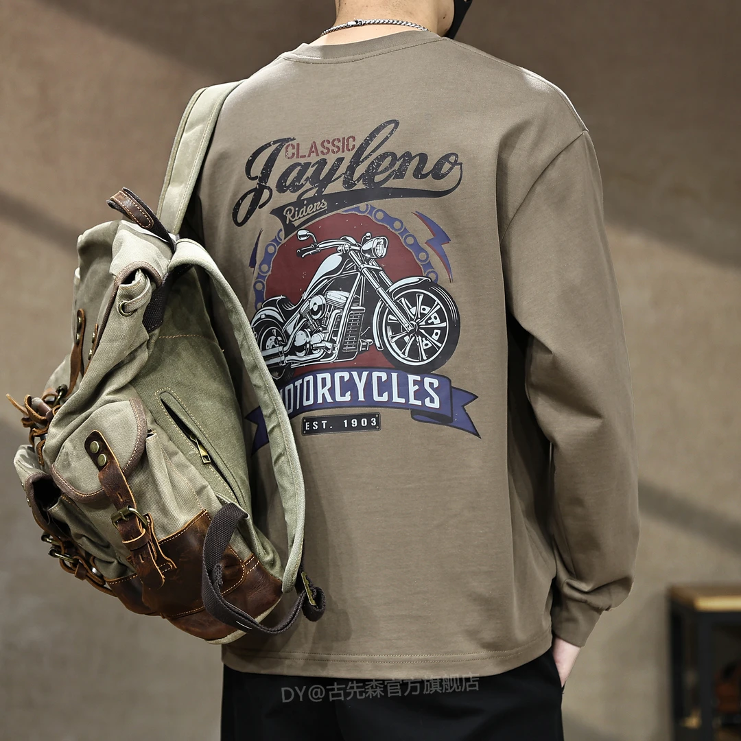 美式高端复古重磅印花长袖t恤男秋季新款宽松上衣潮牌圆领体恤衫T