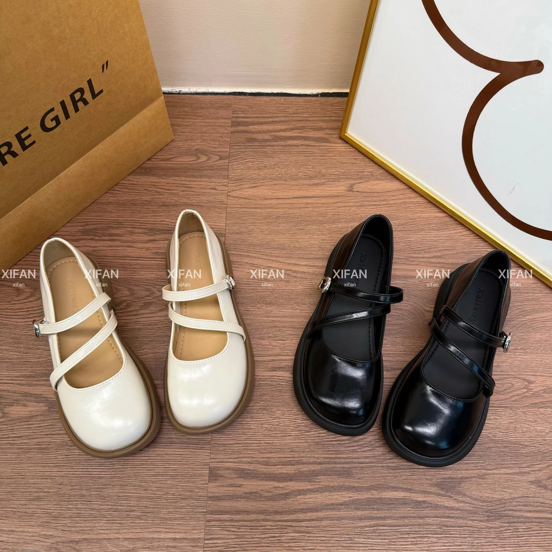 【喜番】25新款圆头浅口一字式扣带厚底软底女单鞋百搭欧若假日风