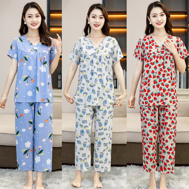 新款中年女装夏装套装碎花短袖妈妈装棉绸睡衣套装V领家居服