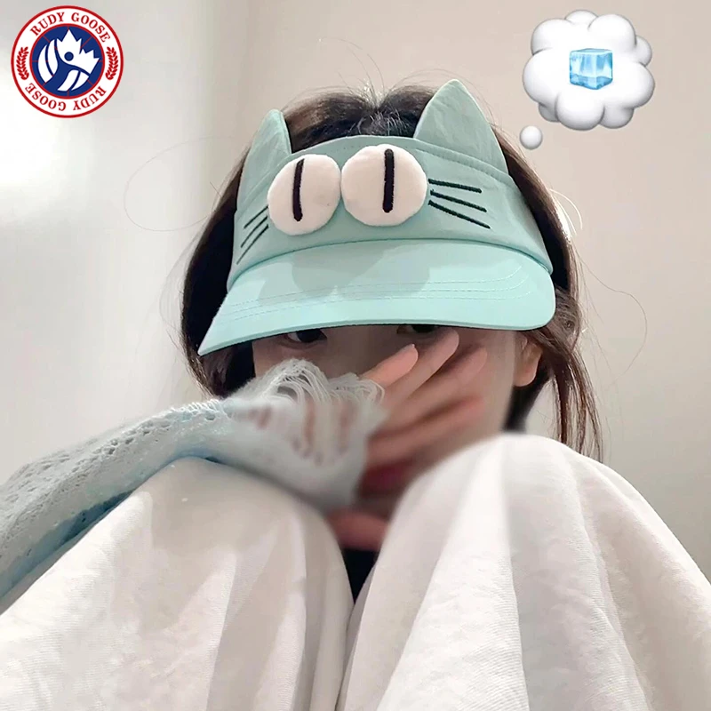 RUDY GOOSE喵喵大眼仔卡通夏季防晒空顶帽子女百搭小猫速干遮阳帽