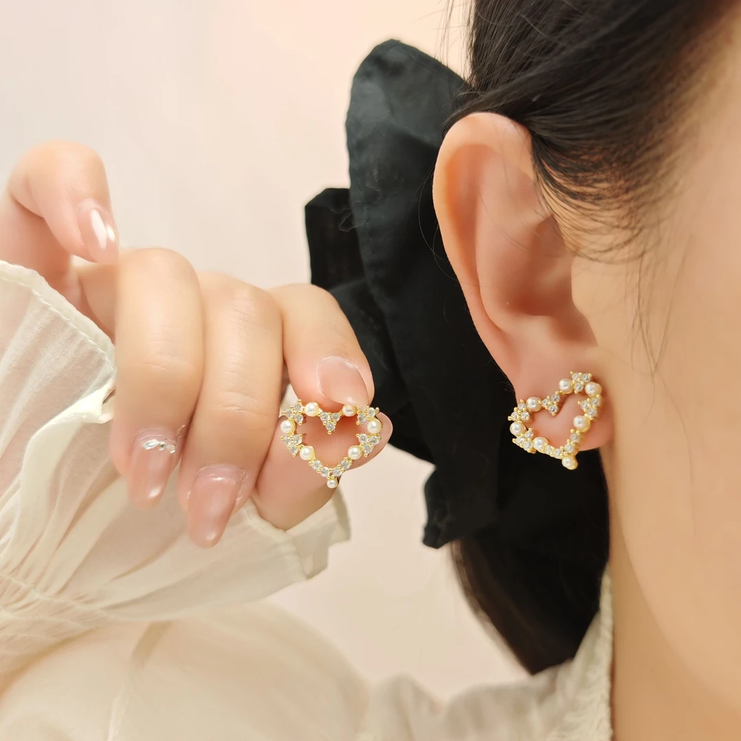 铜合金锆石耳饰 S&L54几何爱心型珍珠百搭锆石轻奢耳环气质甜美