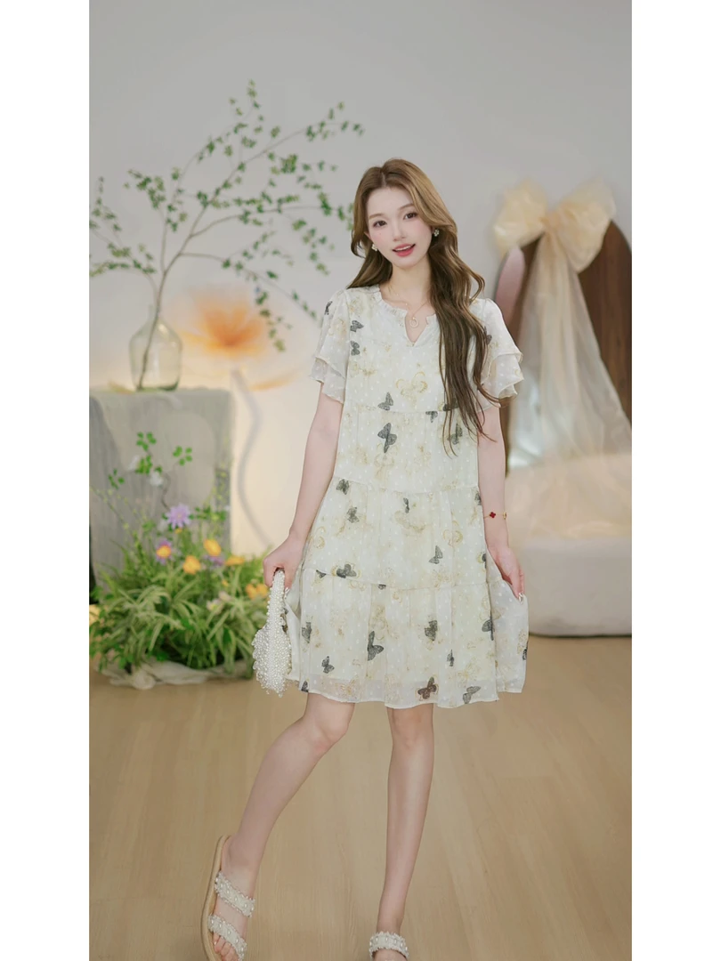 【蝶语N】中长款蛋糕短袖连衣裙夏季时尚气质蝴蝶印花裙