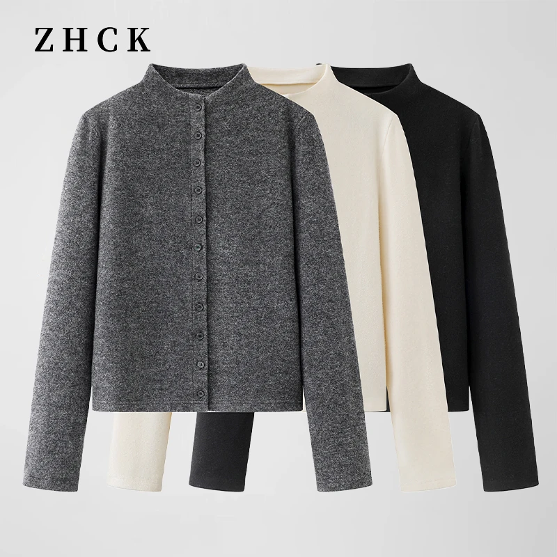 ZHCK设计感立领长袖时尚打底衫2025新款单排扣纯色百搭长袖上衣女