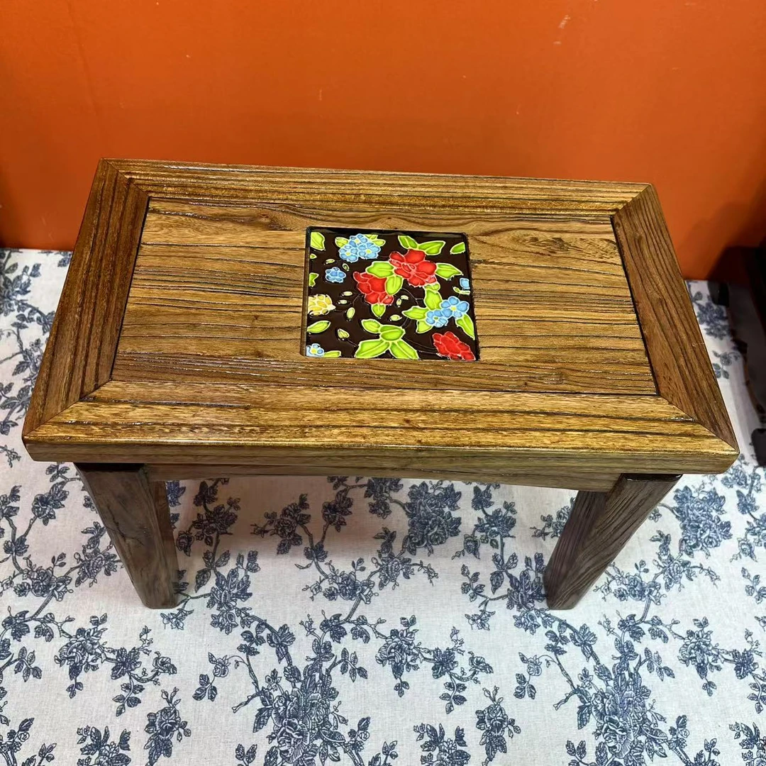 木制中式板凳文创复古老榆木精美手工瓷板画陶瓷客厅阳台装饰摆件