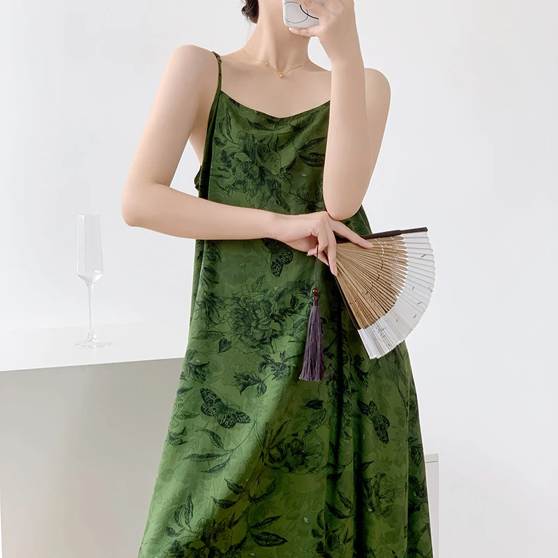 吊带棉绸睡裙夏季薄款女可爱度假风长裙纯欲可外穿绵绸睡衣裙性感