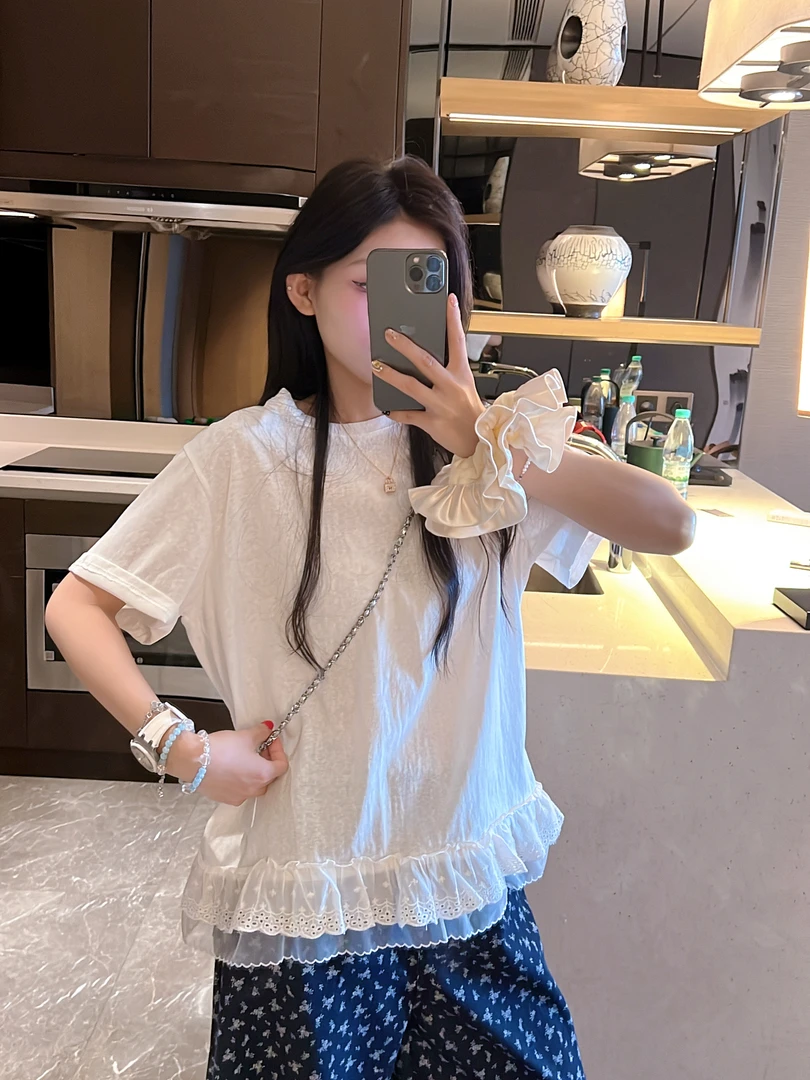 xxxwxz王希之  白色/简约圆领短袖蕾丝拼接T恤#z1827