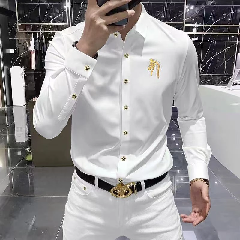 轻奢白色休闲弹力长袖常规免烫常规款男士时尚抗皱衬衫秋季韩版