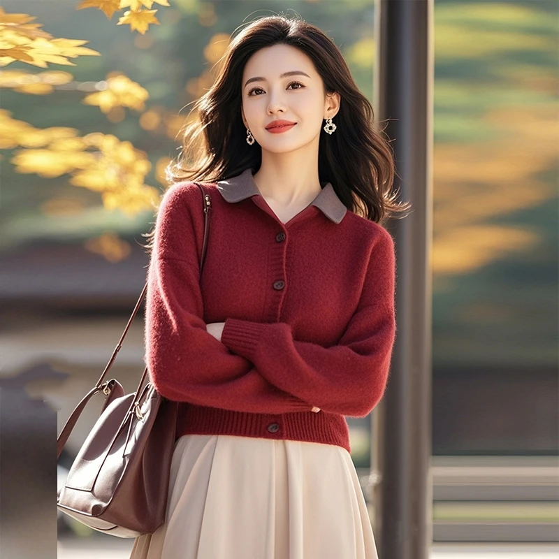 独特超好看上衣奶呼呼软糯设计感红色针织开衫秋冬女装小个子