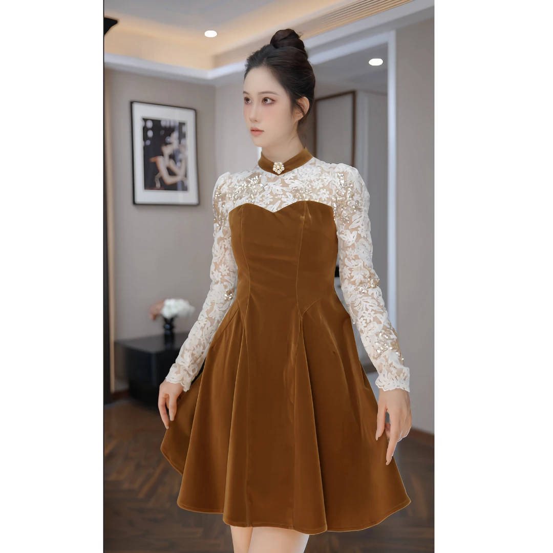 【时时原创】设计师新款重工蕾丝拼接连衣裙秋季舒适21922