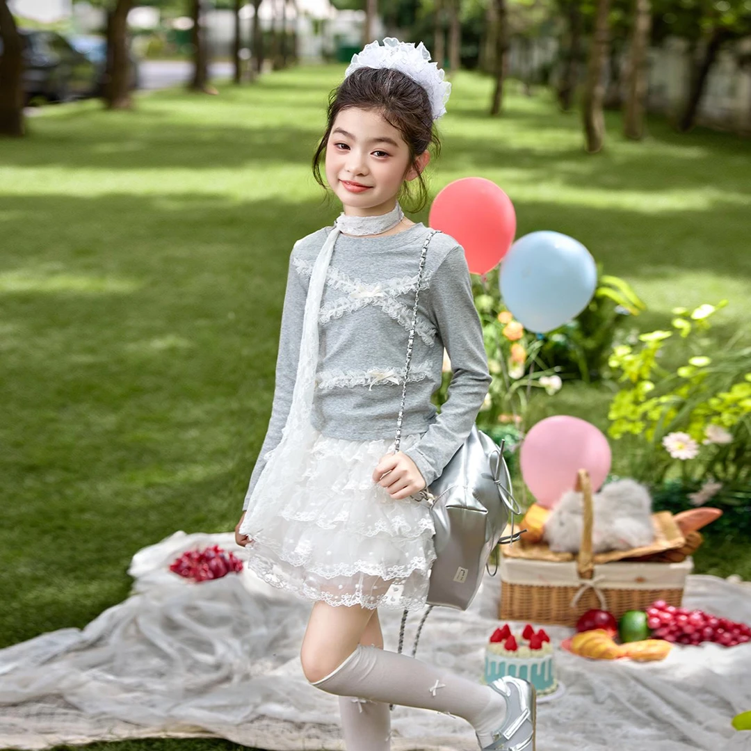 【7月28日8点秋上新】66公主女童长袖恤甜美女孩蕾丝两色上衣秋
