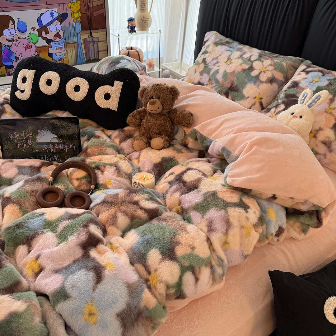 ins小清新兔毛绒床上四件套双面牛奶绒加厚保暖秋冬季床品三件套