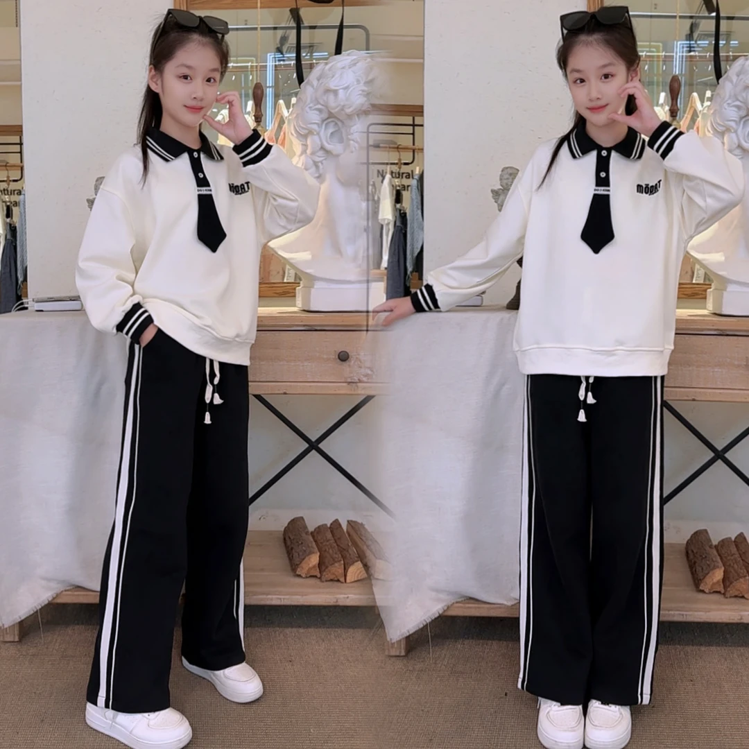 女童秋季新款学院风学院风领带字母刺绣卫衣韩系休闲裤中大童潮