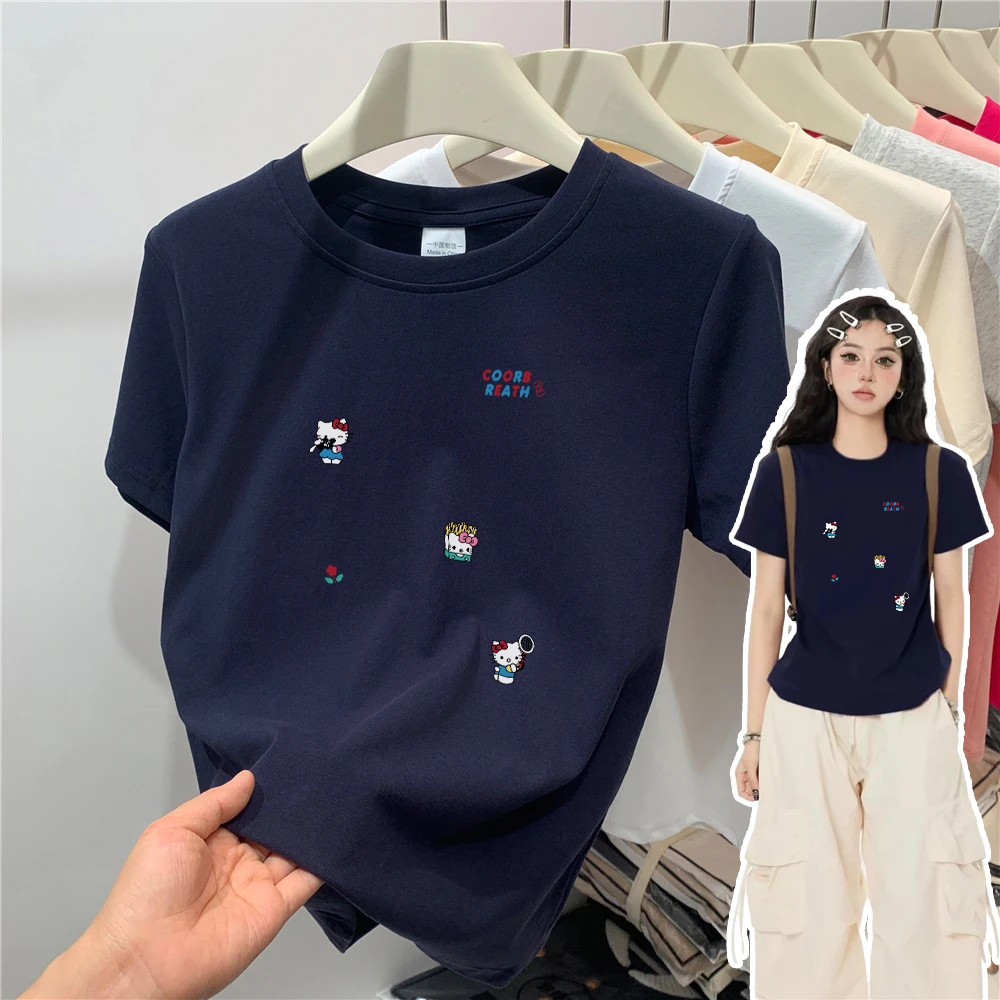 正肩显瘦显白短袖T恤女装设计感打底纯棉百搭卡通印花ins圆领上衣