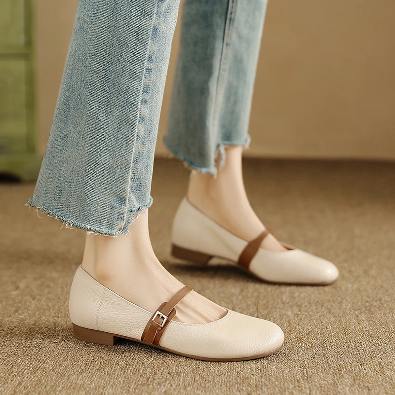 软羊皮圆头平底单鞋女 2cm大码舒适奶奶鞋玛丽珍鞋低跟真皮女鞋子
