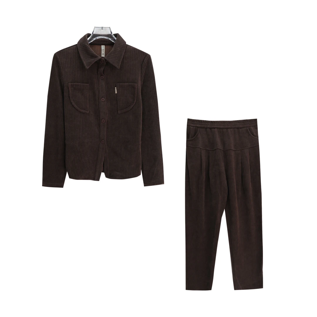 时尚复古气质翻领衬衫上衣休闲裤两件套S3014