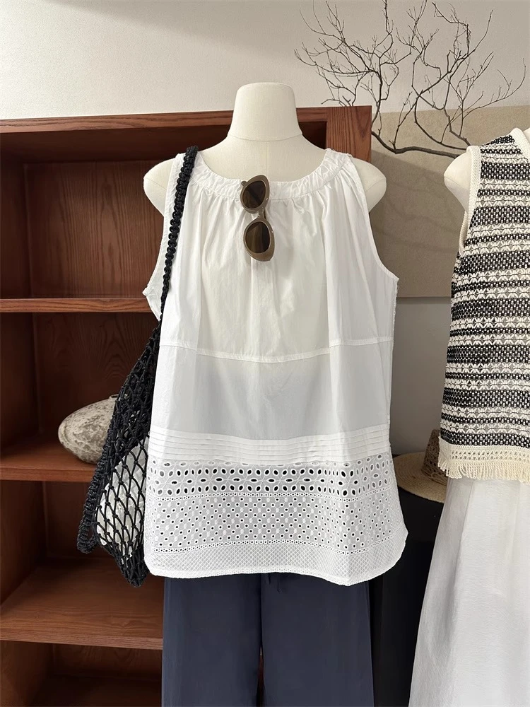 重工刺绣镂空蕾丝拼接白色挂脖背心夏新品宽松减龄娃娃衫别致上衣