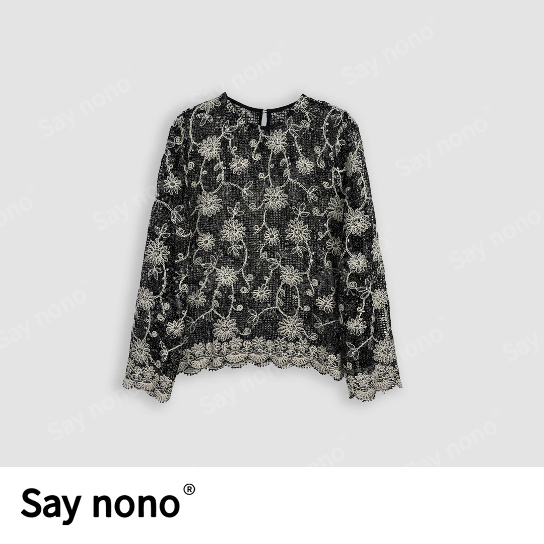 懒猫nono│Saynono黑色钩花镂空长袖+立体绣花蕾丝半身裙H31912X
