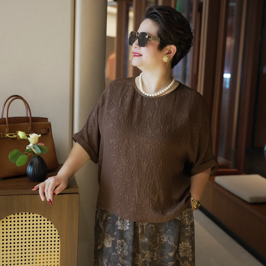 2025夏季新款棕隐提花圆领真丝桑蚕丝宽松大码上衣SY128