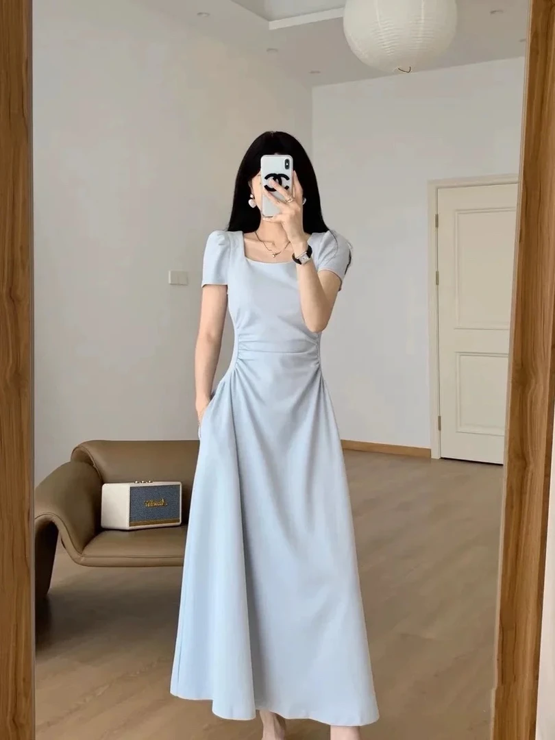 A006气质雾蓝天蓝法式收腰连衣裙夏装显瘦长裙