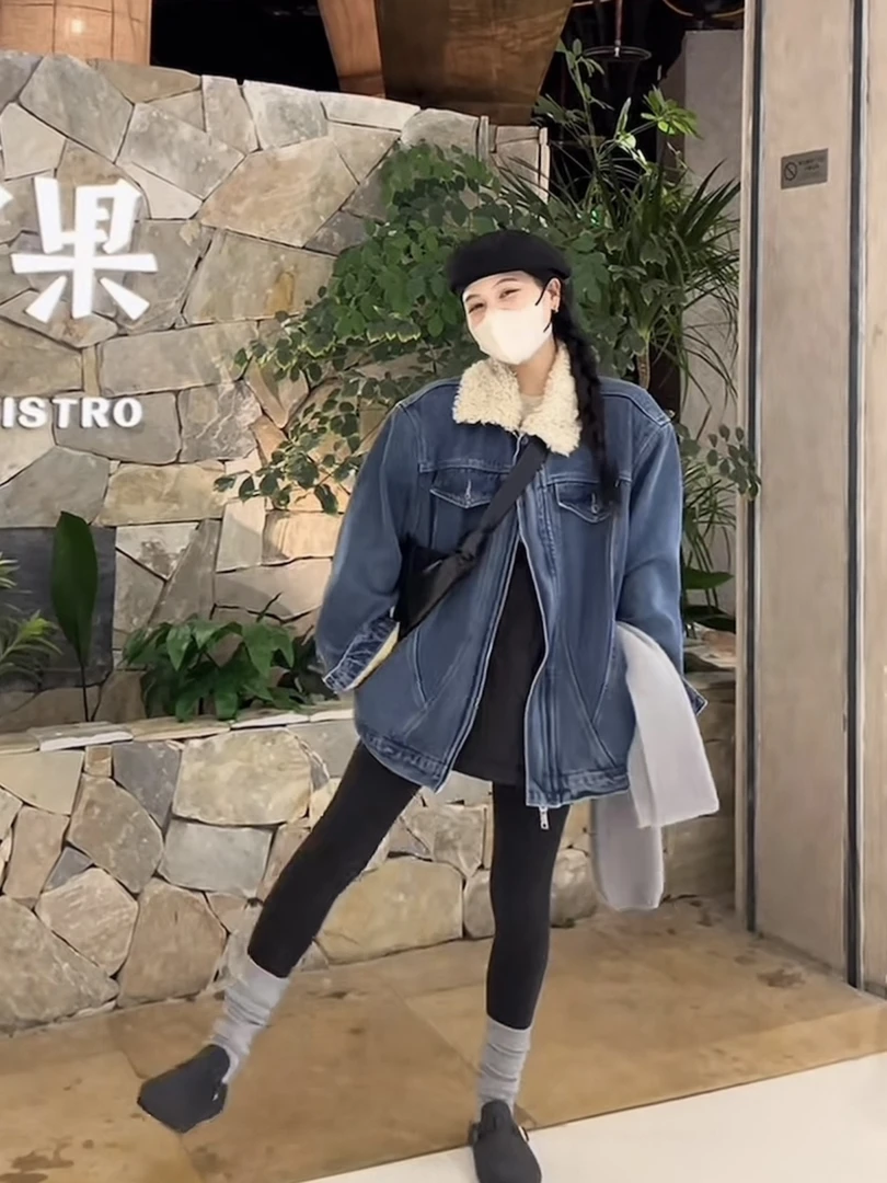 小个子穿超好看蓝色港风厚实毛加绒牛仔外套女2025新款秋冬高级感