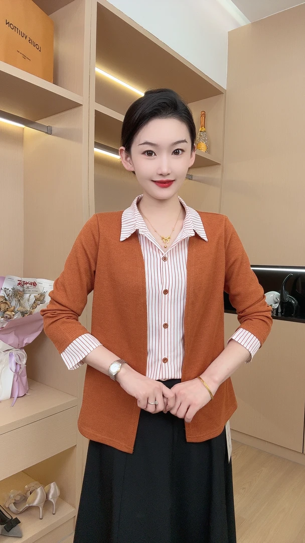 秋季女士新款时尚洋气假两件套条纹百搭衬衣衬衫小衫