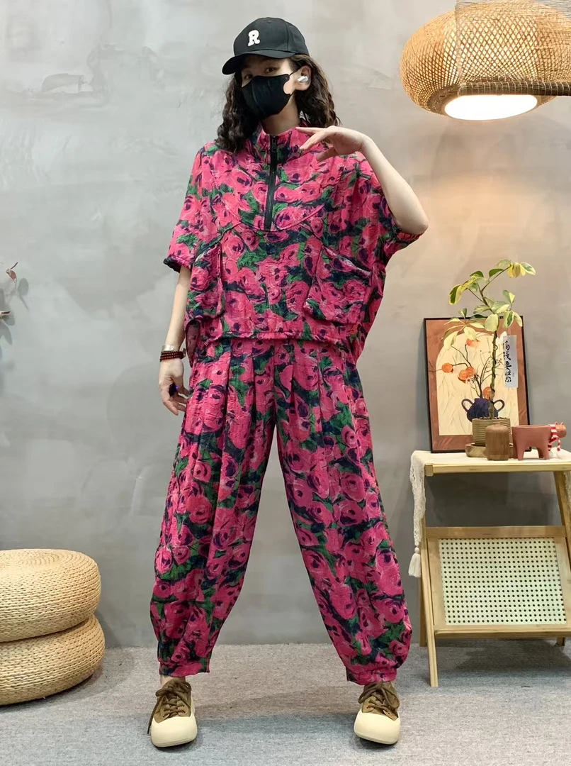 2025春夏时尚套装妈妈装休闲宽松洋气减龄短袖