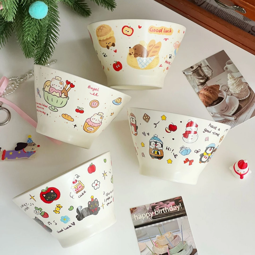 送勺子！陶瓷卡通斗笠碗二号陶瓷汤碗网红可爱家用创意学生宿舍