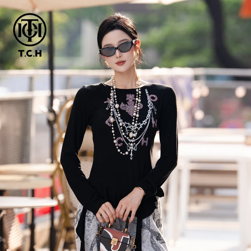 TCH私服烫钻工艺时尚休闲设计感黑色长袖T恤T75C08E5018轻奢tch