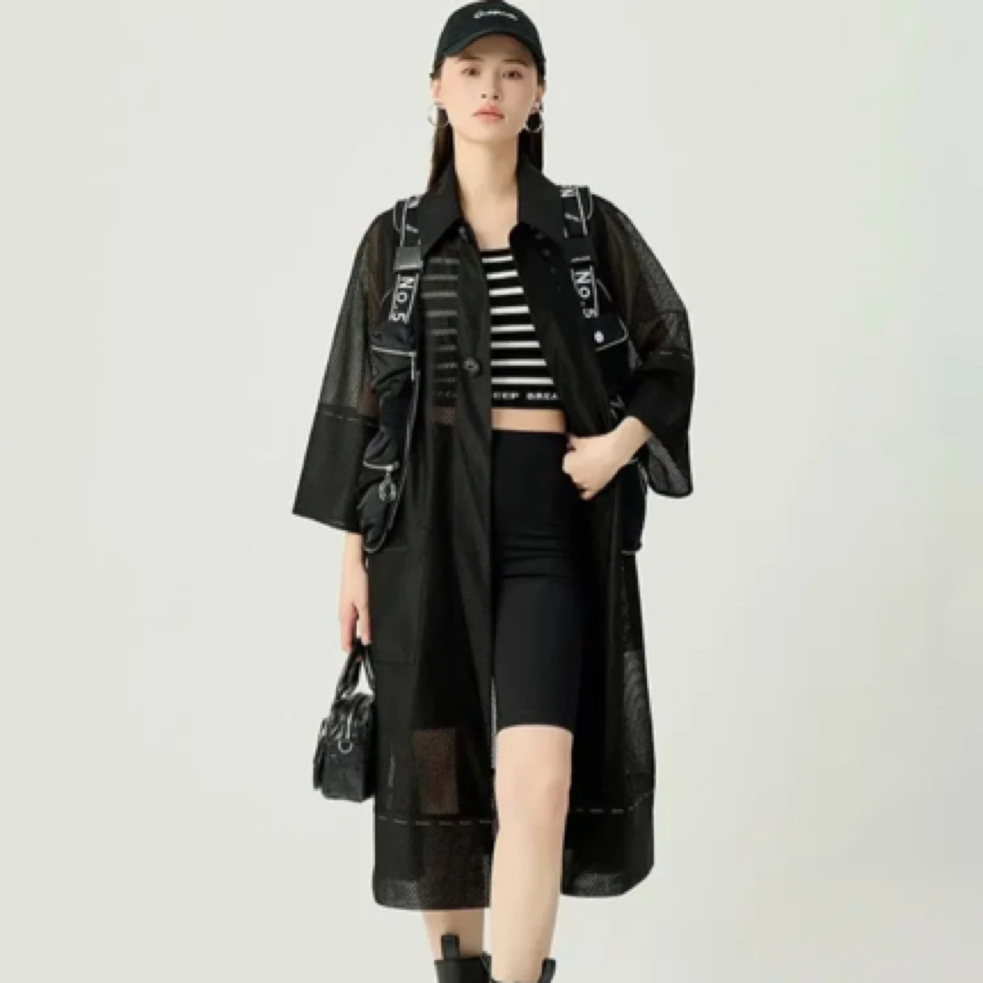 AMASS/阿玛施540016时尚百搭新款镂空设计感网纱宽松中长款风衣女