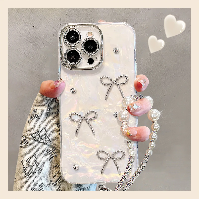 蝴蝶结适用苹果15华为vivo/oppo小米iPhone16精孔贝壳纹手机壳