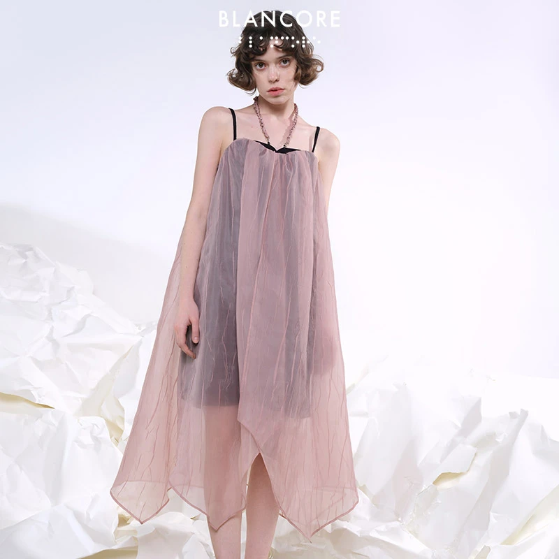 【设计师品牌BLANCORE】夏季新款不规则清爽粉色假两件吊带裙